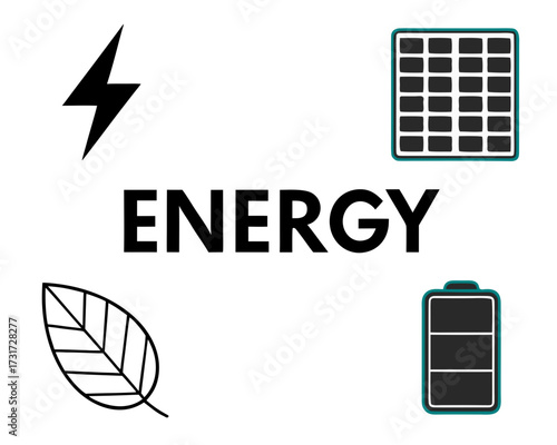 Green energy concept with solar panel leaf and battery icons