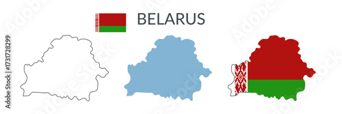 Belarus country geographical borders isolated on white background. Flag of Belarus. Vector flat cliparts.	