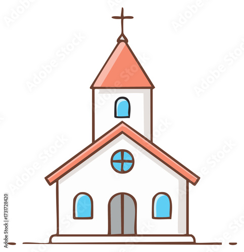 Illustrated Church Building with Cross Symbol Hand Drawn Cartoon Style