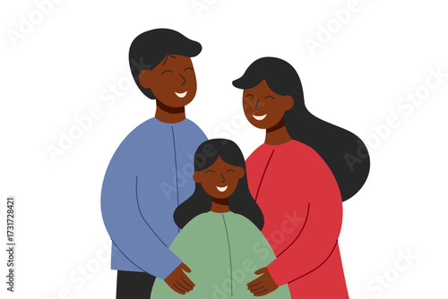 Illustration of black skin tone family isolated on white background. Father, mother and child. Family concept. Vector flat clipart.