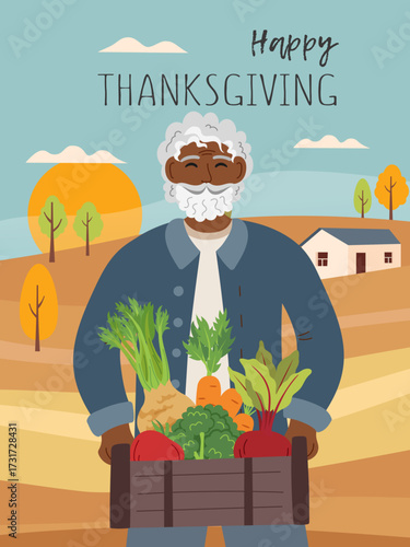 Thanksgiving and harvest festival poster. Autumn, harvest and Thanksgiving concept. Senoir man with box of vegetables in the background of the field. Vector flat template.