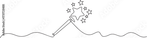 Continuous one line drawing of magic wand with star head minimal black and white vector illustration for carnival event design