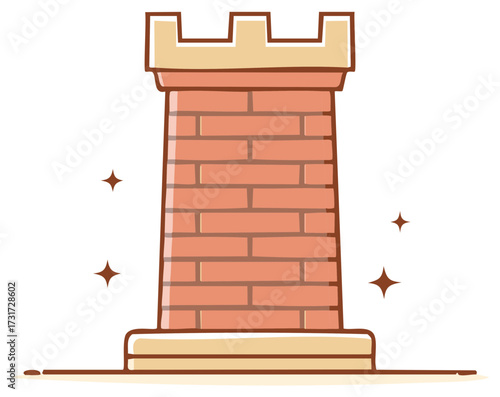 Cartoon brick tower with battlements and sparkling stars fantasy game progress icon