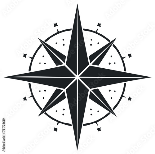 Graphic of a black wind rose with pointed spokes and a circular dial indicating directions