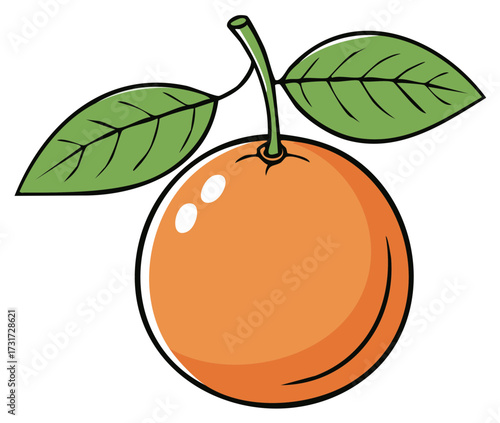 Illustration of an Orange with Green Leaves on a White Backdrop