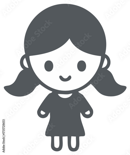 Cute Cartoon Girl Smiling with Ponytails Wearing a Dress Isolated on White Background