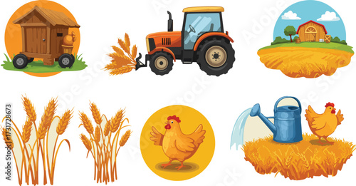 Farm Scene with Tractor Chicken and Barn