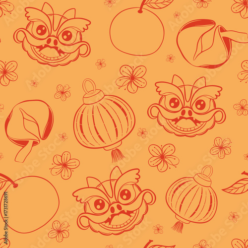 Seamless pattern with Traditional Chinese dragon, lanterns, oranges, fortune cookies, and blossoms. Lunar New Year print, Festive background, Perfect for wrapping, packaging, stationery, fabrics.