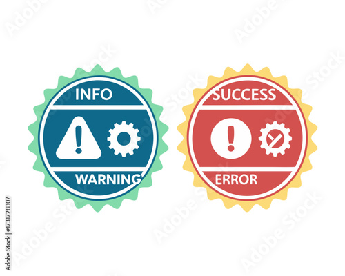 Information warning and success error icons with gears and checkmarks