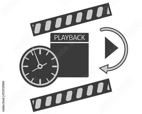 Cinematic playback and time concept with film clapperboard and clock