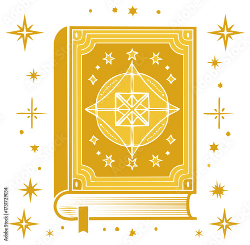 Enchanted golden book with celestial magic symbol and glittering stars for wisdom