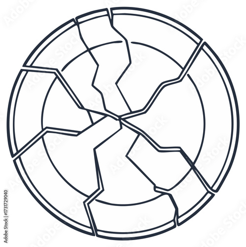 Minimalist line art of a shattered sphere icon representing damage failure and collapse