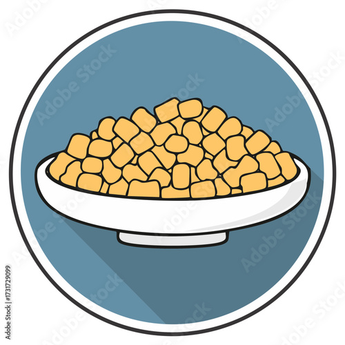 Illustration of food-filled bowl within a circle with drop shadow for graphic design