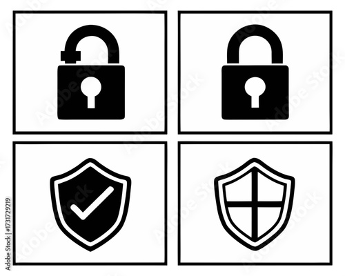 Set of four security icons including open and closed locks and shields