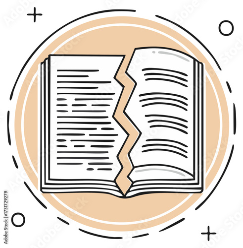 Opened and Torn Book inside Circular Frame. Isolated on White. Hand Drawn Vector Illustration. Outline Style.