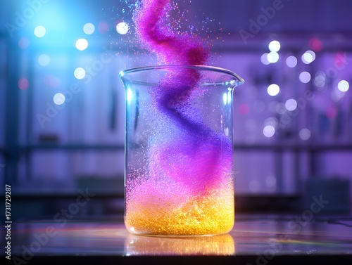 Colorful powder mixing in a beaker laboratory experiment with bokeh background