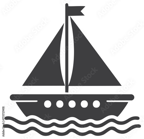 Simple sailboat icon with mast sails and flag navigating ocean waves digital graphic