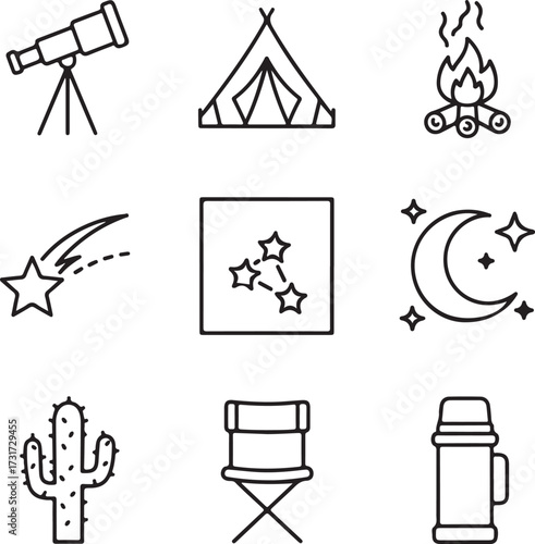 Camping Icons: A collection of minimalist line art icons depicting elements of camping and outdoor activities, inviting viewers to embrace adventure.