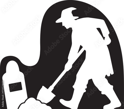  Dark Grave Worker Vector: Halloween Black White Cemetery T-Shirt Graphic.