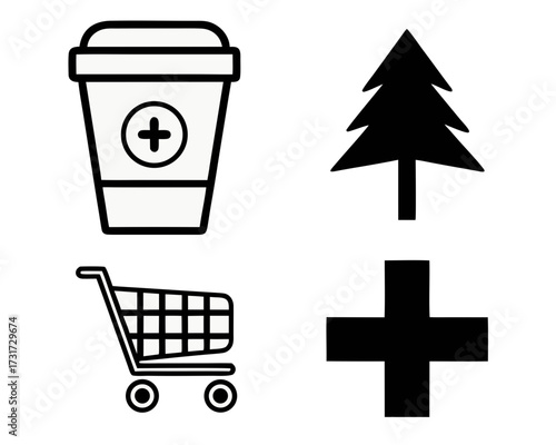 Coffee Cup, Shopping Cart and Plus Symbol Vector