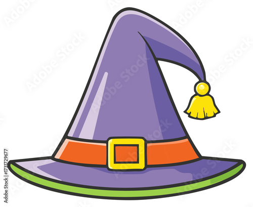 Cartoon illustration of a purple witch hat with an orange belt and yellow tassel for costume design.