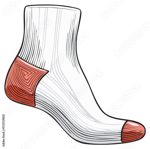 Vector illustration of a white athletic ankle sock with reinforced red heel and toe.