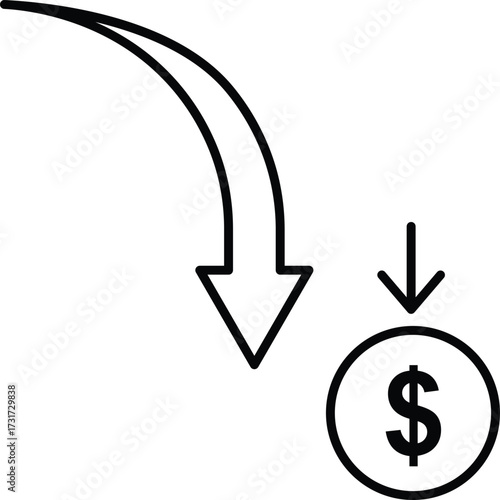 Downward arrow pointing to dollar coin icon representing financial loss money