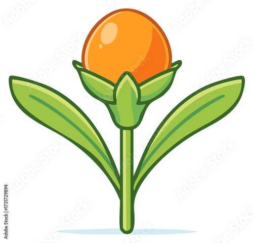 Stylized illustration of an orange flower bulb with green leaves and stem isolated on white background