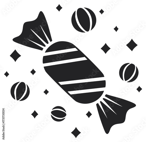 Wrapped Candy Icon with Stripes and Floating Balls and Stars in Black