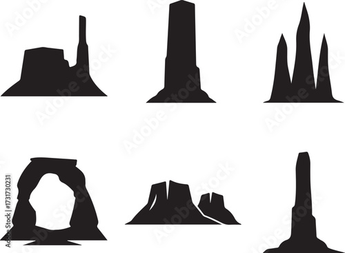 Natural Silhouettes: A set of six diverse silhouettes of natural rock formations, from arches to spires, set against an unseen landscape.