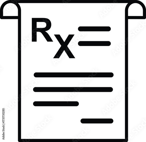 Black and white icon of a rolled paper with Rx symbol and lines prescription medical