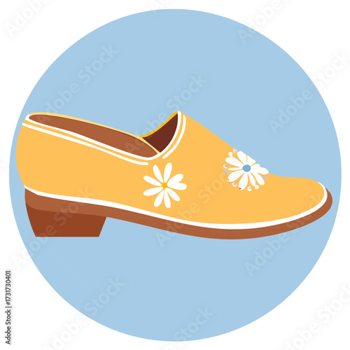 Yellow traditional clog shoe decorated with white daisy flowers vector flat design icon