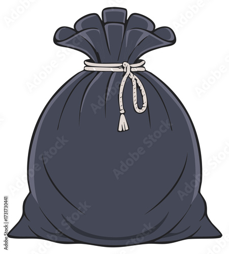 Cartoon vector illustration of a full black garbage bag tied with a rope