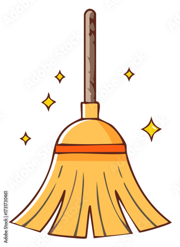 Cartoon Broom with Sparkling Stars Indicating Cleanliness and Tidiness