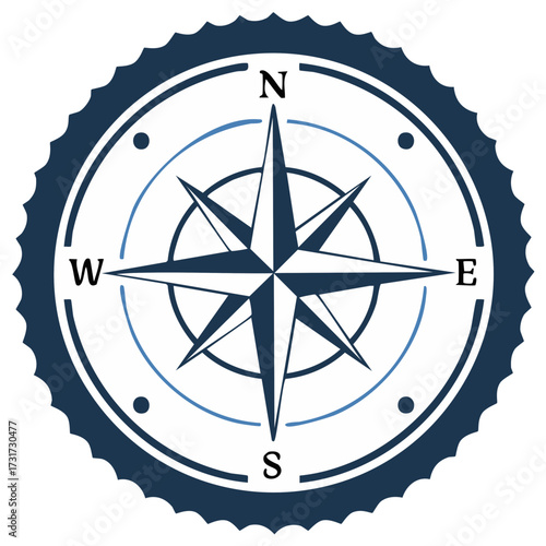 Elegant blue compass rose emblem featuring cardinal directions for navigation travel and adventure