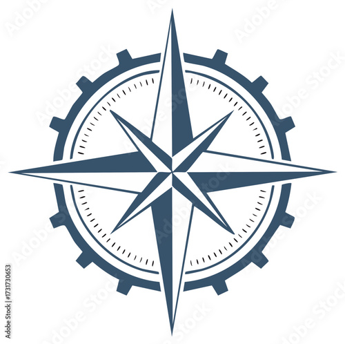 Gear Encased Compass Pointing Directions, Navigation Symbol for Progress and Exploration