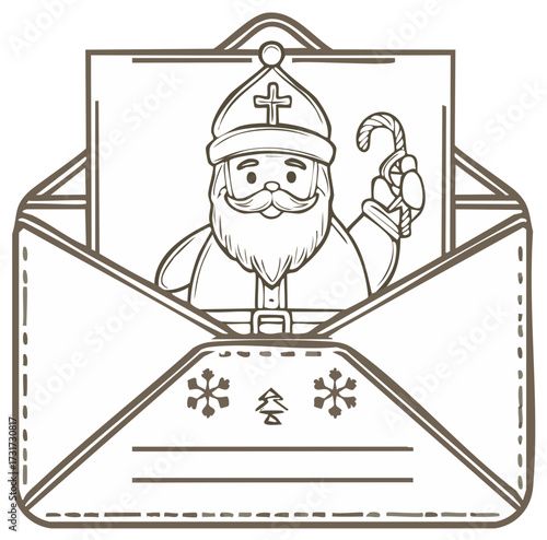 Hand drawn Saint Nicholas Christmas card in an envelope coloring page illustration