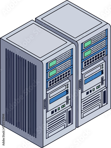 Illustration of robust server rack units within a data center environment, representing critical network infrastructure and advanced information technology solutions for digital operations