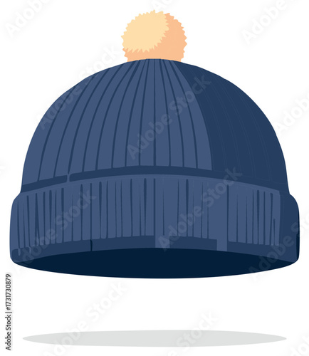 Warm blue knitted winter hat with a decorative light-colored pompom, cozy headwear.