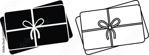 Black and white gift card icons with ribbon bow on white background gift certificate present