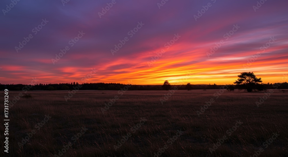 Obraz premium Vibrant sunset over a field creating dramatic sky and silhouettes suitable for various uses