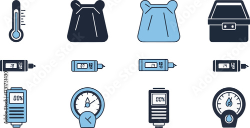 Essential medical and health monitoring equipment icon collection, featuring diverse thermometers, intravenous bags, pressure gauges, and specialized diagnostic containers for healthcare