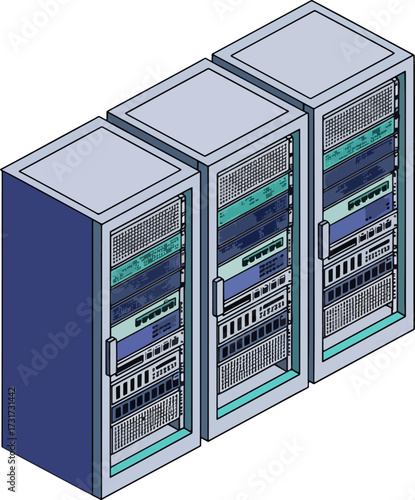 Isometric vector illustration of three modern server racks filled with essential networking and computer hardware, representing robust data center infrastructure and IT solutions