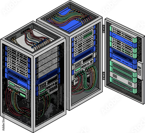 Isometric View of Server Racks and Data Cables in a Server Room