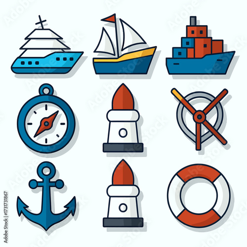 Set sail for adventure discover nautical icons depicting ships compass anchor lighthouse propeller and life preserver for maritime exploration and transport themes
