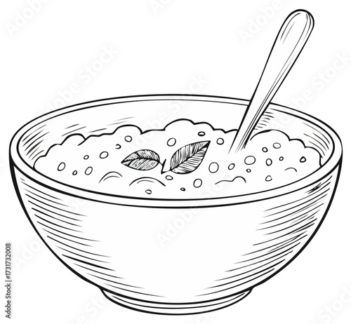Hand drawn sketch of a bowl of soup or porridge with a spoon and garnish