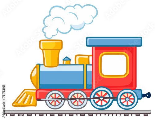 Cartoon Train Locomotive Pushing Plume of Steam on Railroad Tracks Illustration
