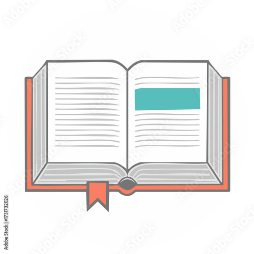 Simple vector illustration of an open book with a highlighted passage and bookmark for education concepts