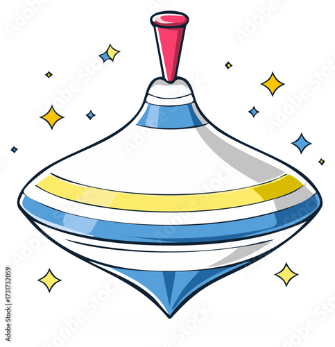 Cartoon top toy, spinning top with stripes, retro toy object with a stick and sparkling stars around.