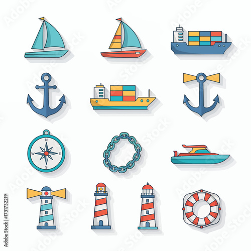 Vibrant nautical icons like sailboats, cargo ships, anchors, compass, lighthouses, and lifebuoy evoke maritime adventure and sea exploration.
